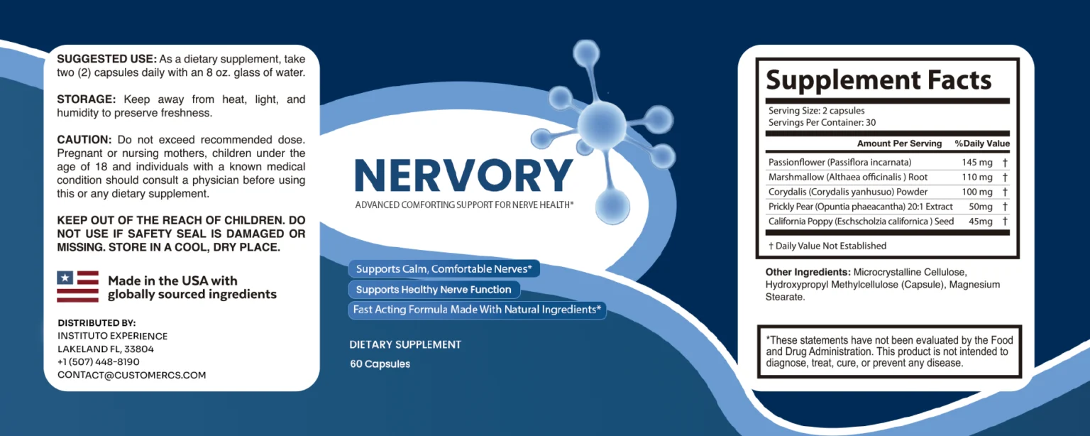 Nervory supplement facts and ingredient label
